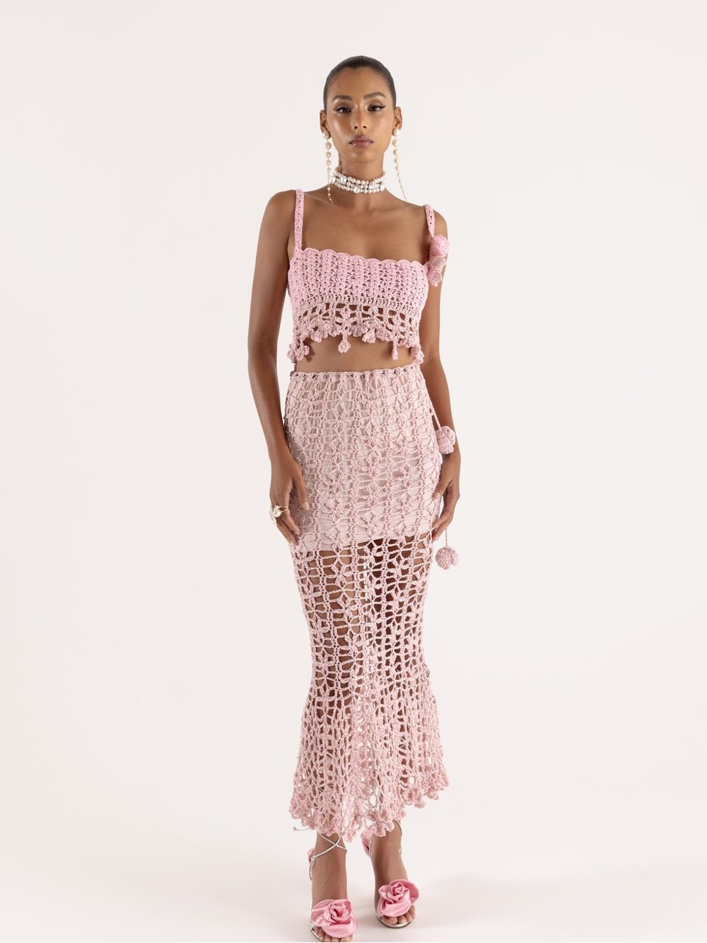 ANDREEVA Pink Vanilla Handmade Crochet Top & Pink Handmade Knit Skirt Set